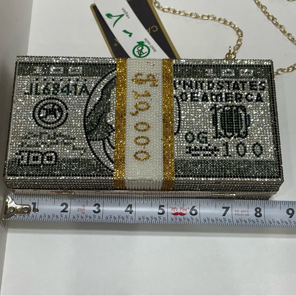 Crystal Money Clutch Bag with shoulder strap. NWT. Rhinestone. Calessa. - Picture 11 of 12